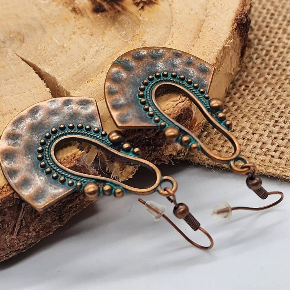 Boho Jewelry Hammered Copper Antique Gold Green Patina Drop Earrings